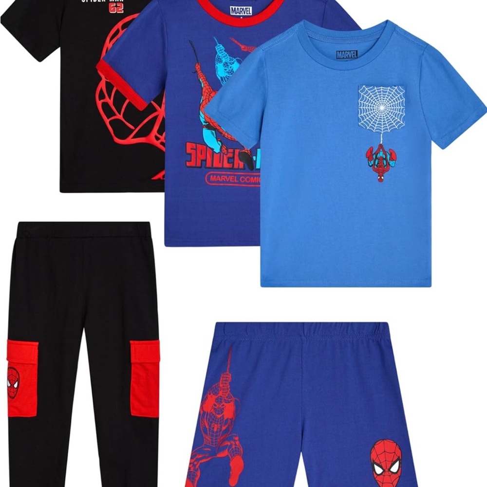 5-pc Marvel Spiderman Boys Pants Set  Short Sleeve Tees, Graphic Shorts Joggers
